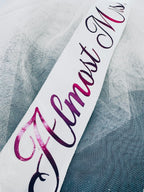Customised text almost mrs written on bridal veil satin bow