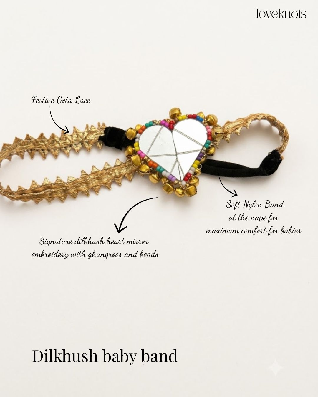 Dilkhush heart mirror ghungroo baby band with festive gota lace