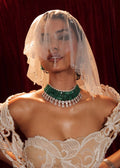 Model wearing micro veil  with crystal and pearls hangings by loveknots