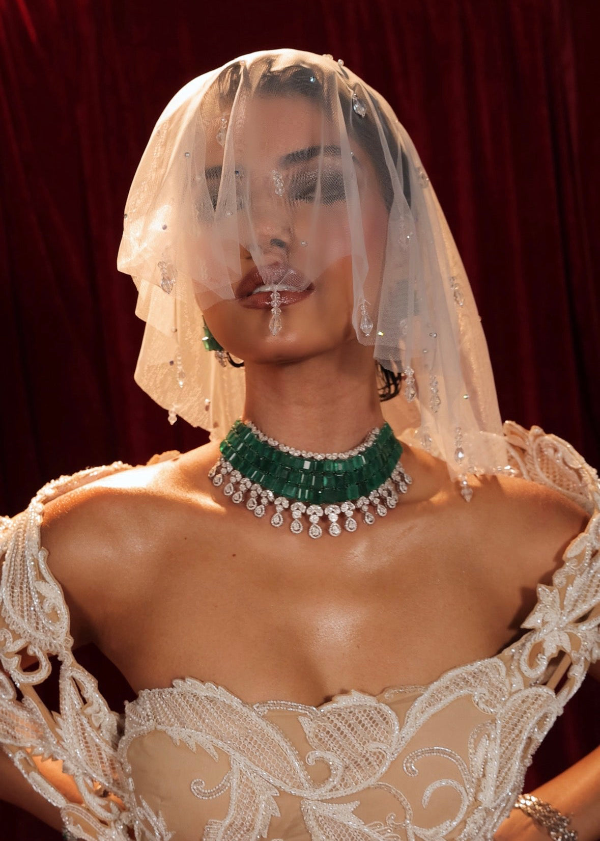 Model wearing micro veil  with crystal and pearls hangings by loveknots