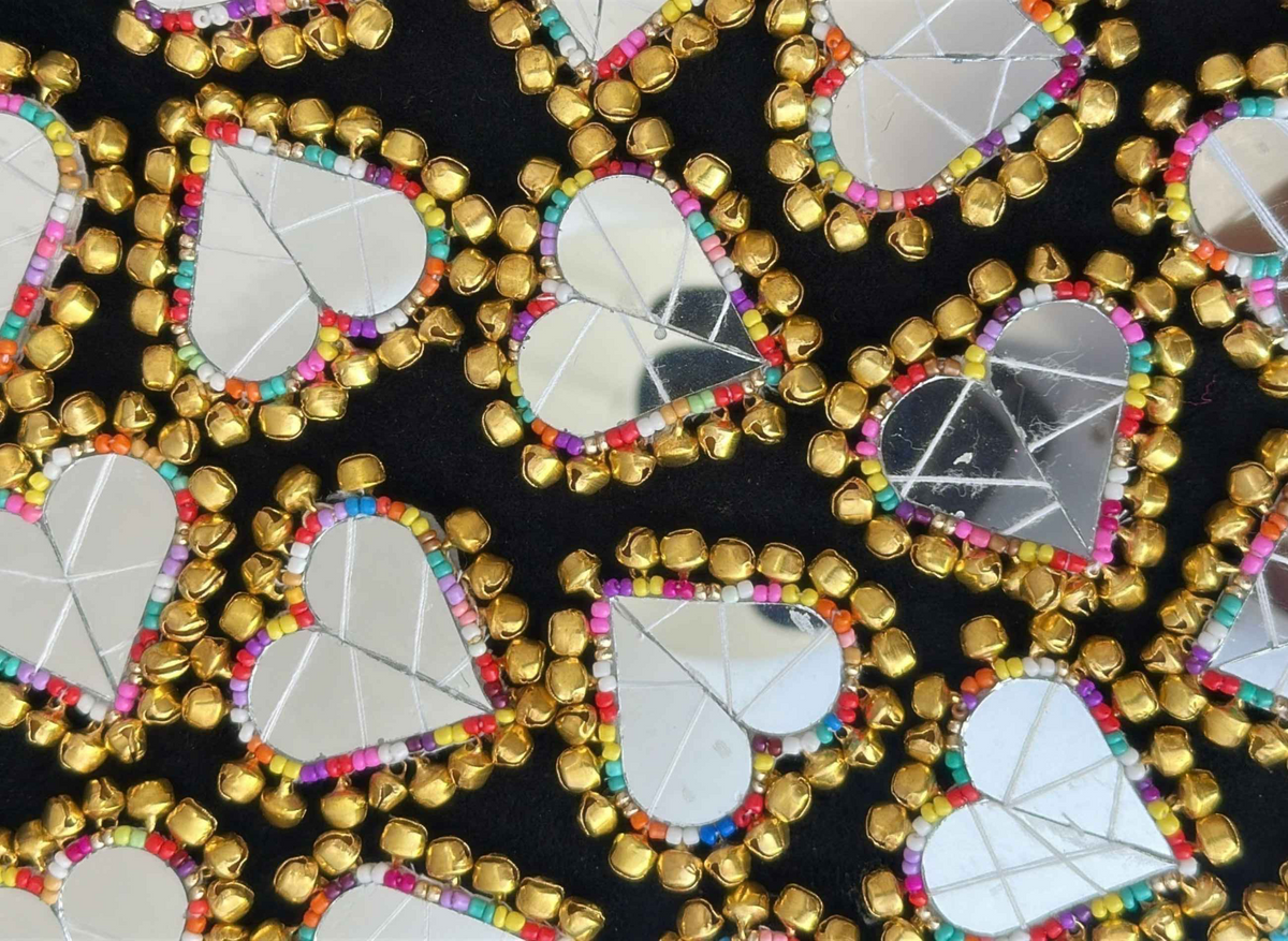 Heart embroidered mirror clips with ghungroos 