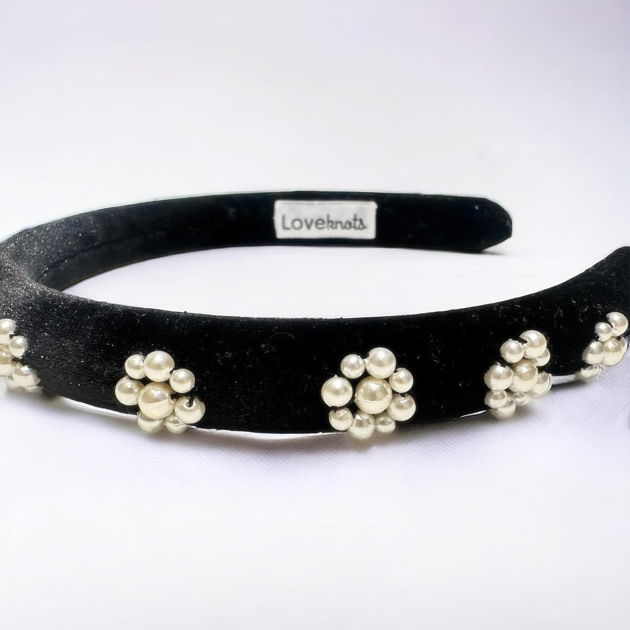 Closeup of bestseller black pearl hairband for all ages of women, made with handstitched finest quality of pearls, perfect for every occassions - loveknots