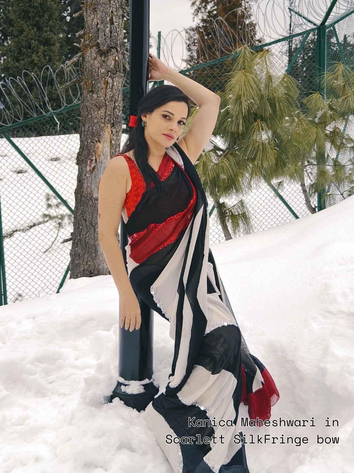Celebrity kanica Maheshwari sporting Scarlett silk fringe bow in a saree by loveknots