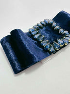 closeup of blue velvet Victoria bow by loveknots