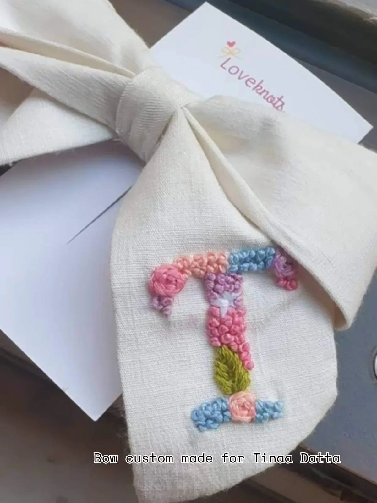 custom t letter hand embroidered bow for loveknots for Tina Datta celebrity