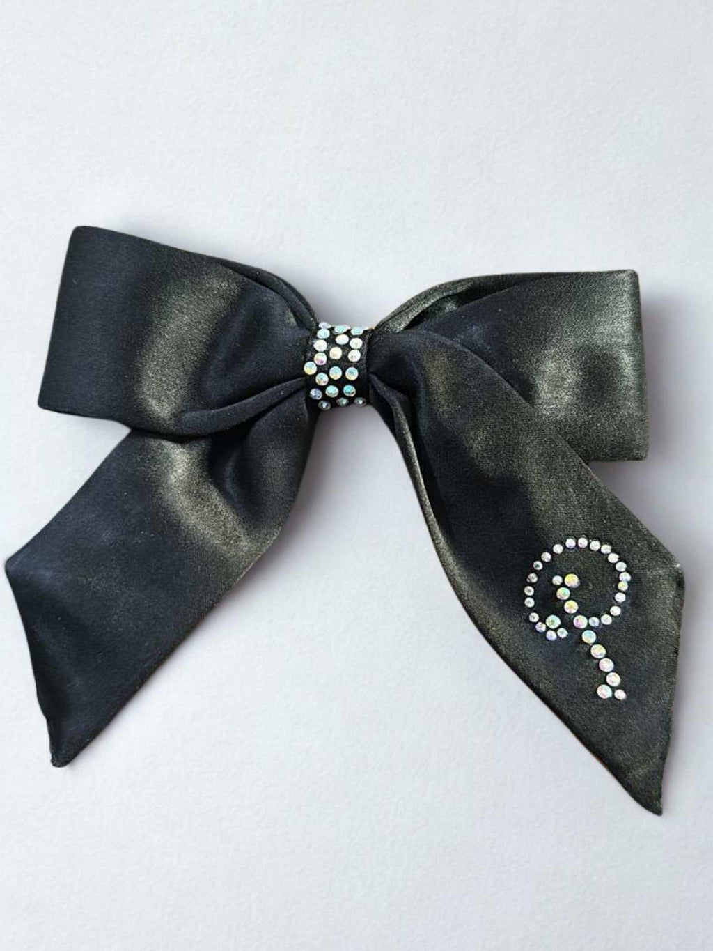 customised black satin bow with p initial swarvoski letter by loveknots