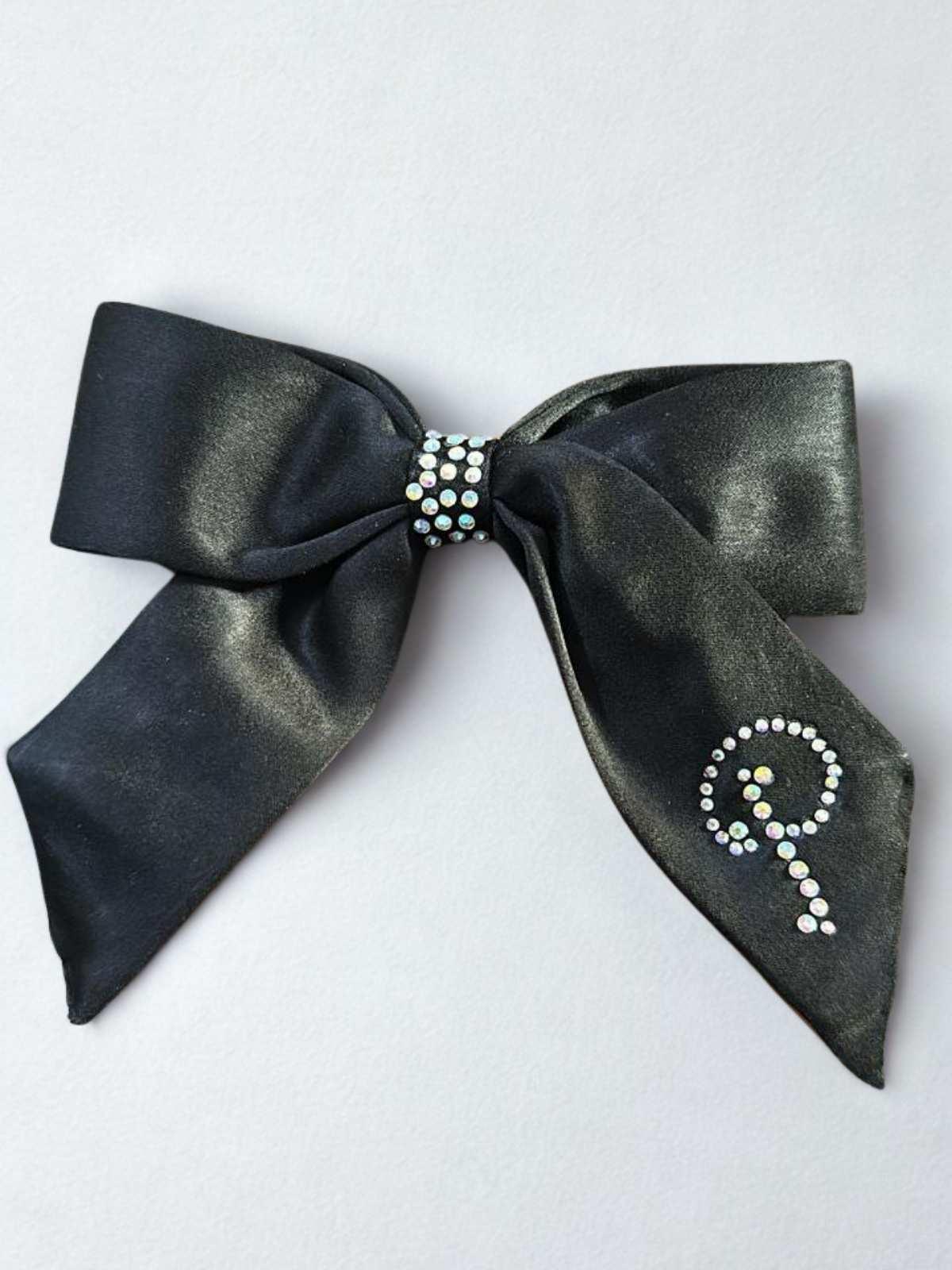 customised black satin bow with p initial swarvoski letter by loveknots
