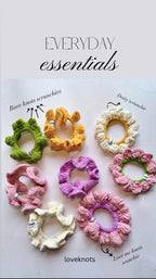 Colorful scrunchies arranged on a white background with 'Everyday essentials' text.