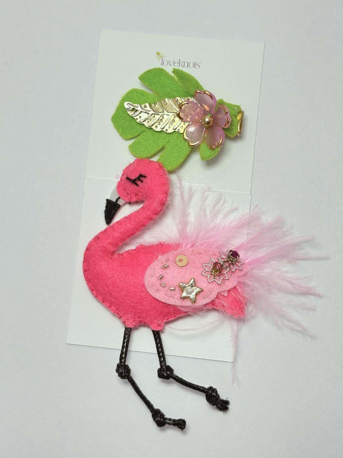 Pink flamingo hair clip set with embellished wings  and tropical leaf clip by loveknots 