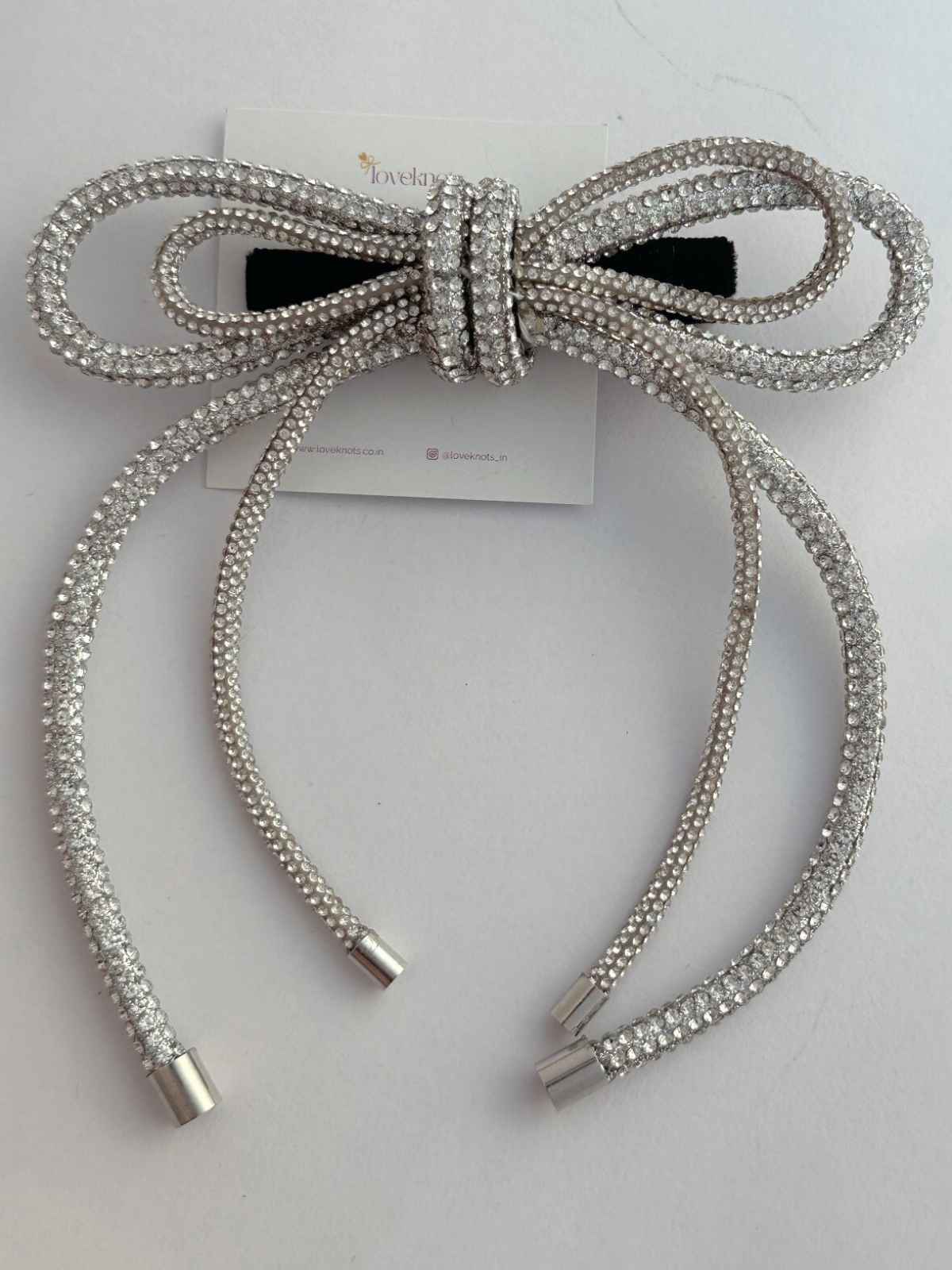silver crystal duet bow by loveknots again white backdrop